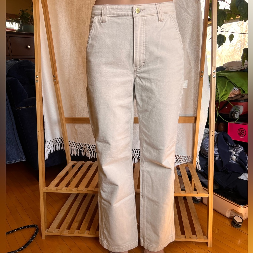 TNA Cream High-Rise Carpenter Jeans with Tan Stitching